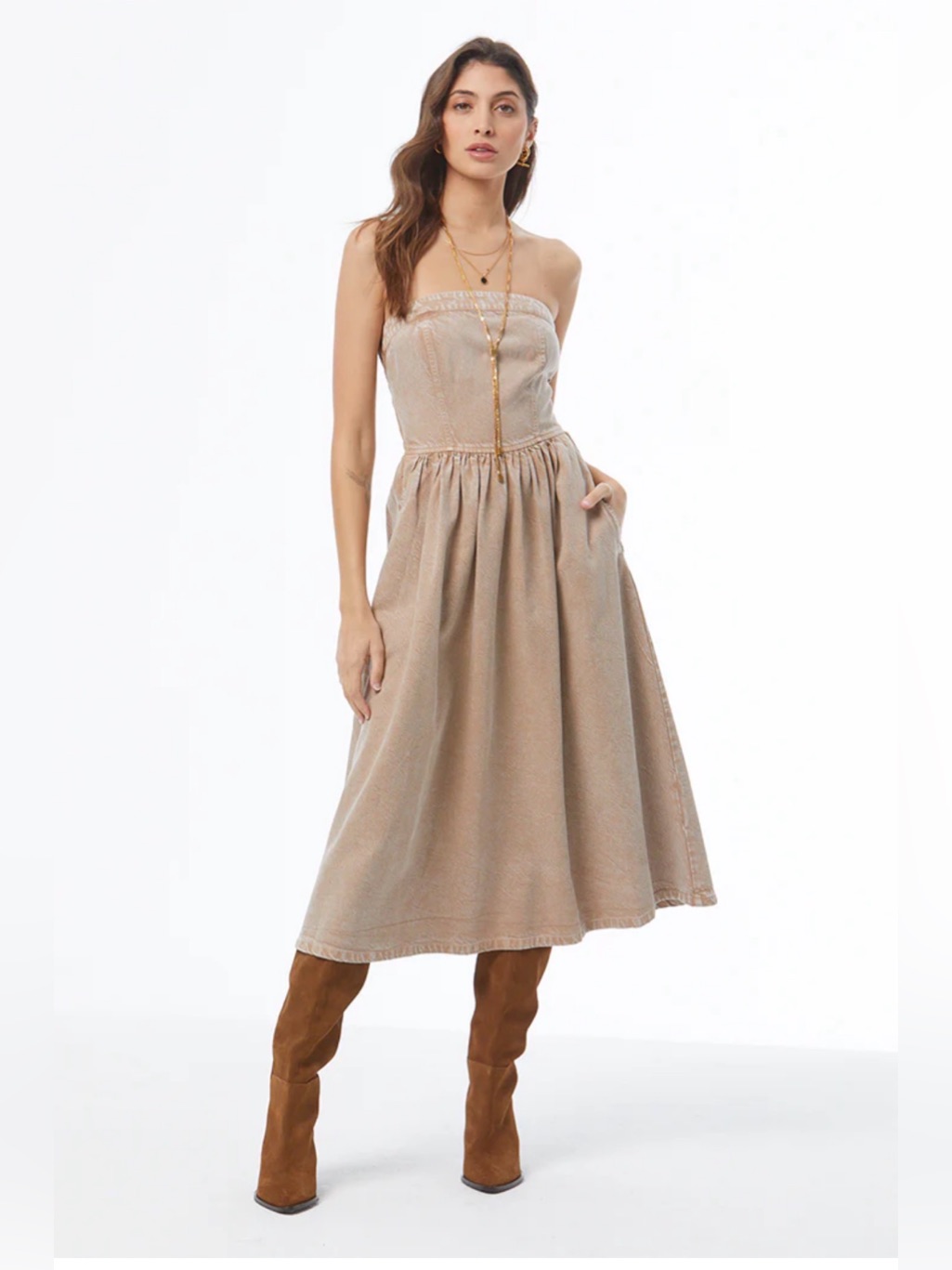 Yfb Strapless Midi Dress In Beige